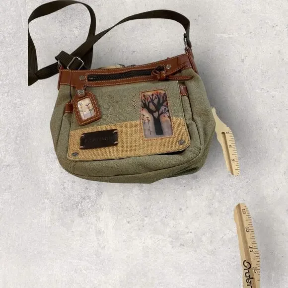 Sherpani Crossbody Purse Canvas Leather Trim Boho Tree Patch Green Brown Bag - Picture 9 of 12